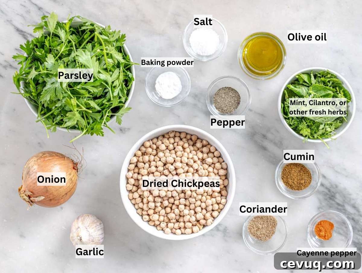 Ingredients picture for falafel on a marble table.