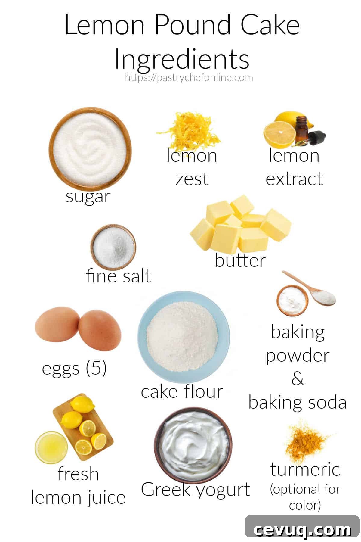 Lemon Pound Cake Recipe for True Lemon Lovers 4 All the ingredients for making a lemon pound cake, labeled and on a white background.