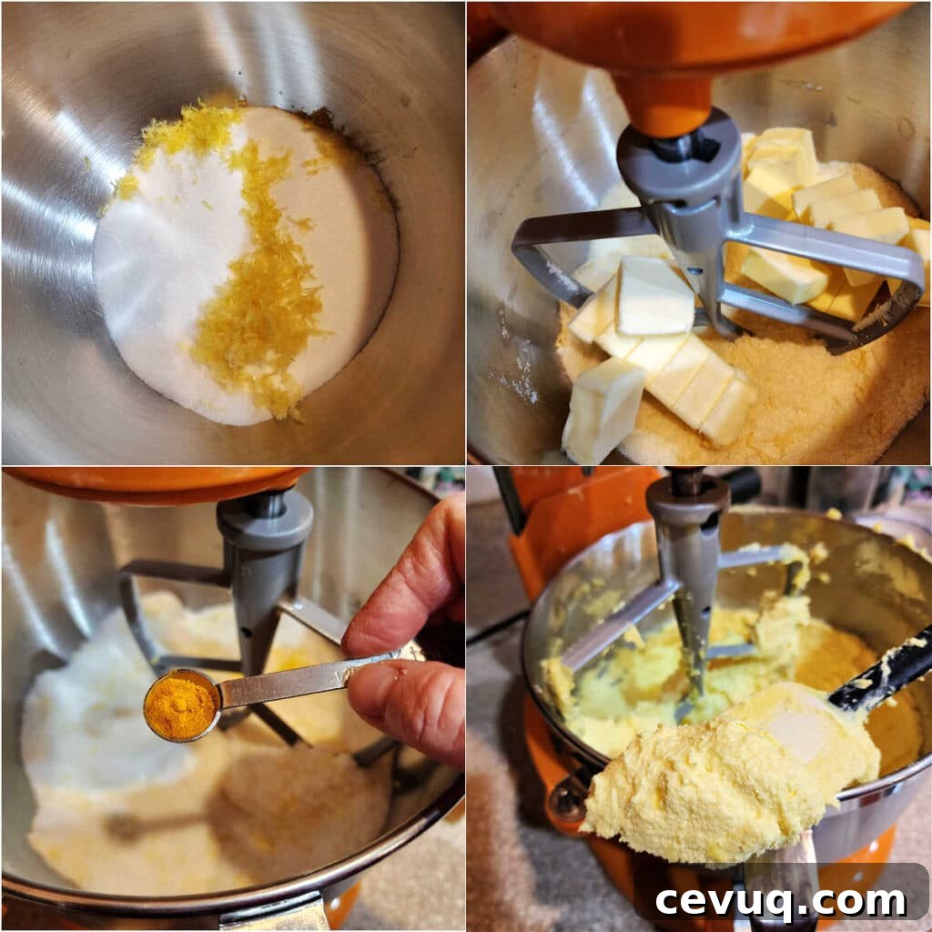 Lemon Pound Cake Recipe for True Lemon Lovers 5 A collage showing creaming sugar, zest, butter, and a little turmeric until fluffy.