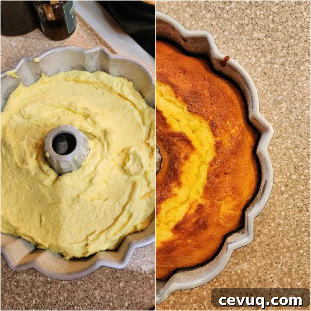 Lemon Pound Cake Recipe for True Lemon Lovers 6 Pale yellow batter in a Bundt pan and a baked Bundt cake with a sunshiny crack.