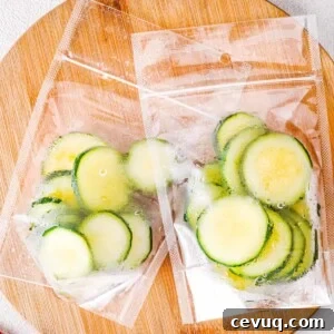 An image of sliced zucchini frozen in a freezer bag