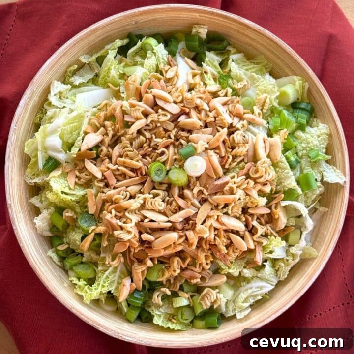 Napa Cabbage Salad tossed with Asian sesame salad dressing and topped with ramen noodles and slivered almonds that have been crisped in butter.