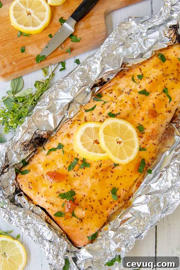 overhead shot of a large salmon fillet with parsley and lemon on top