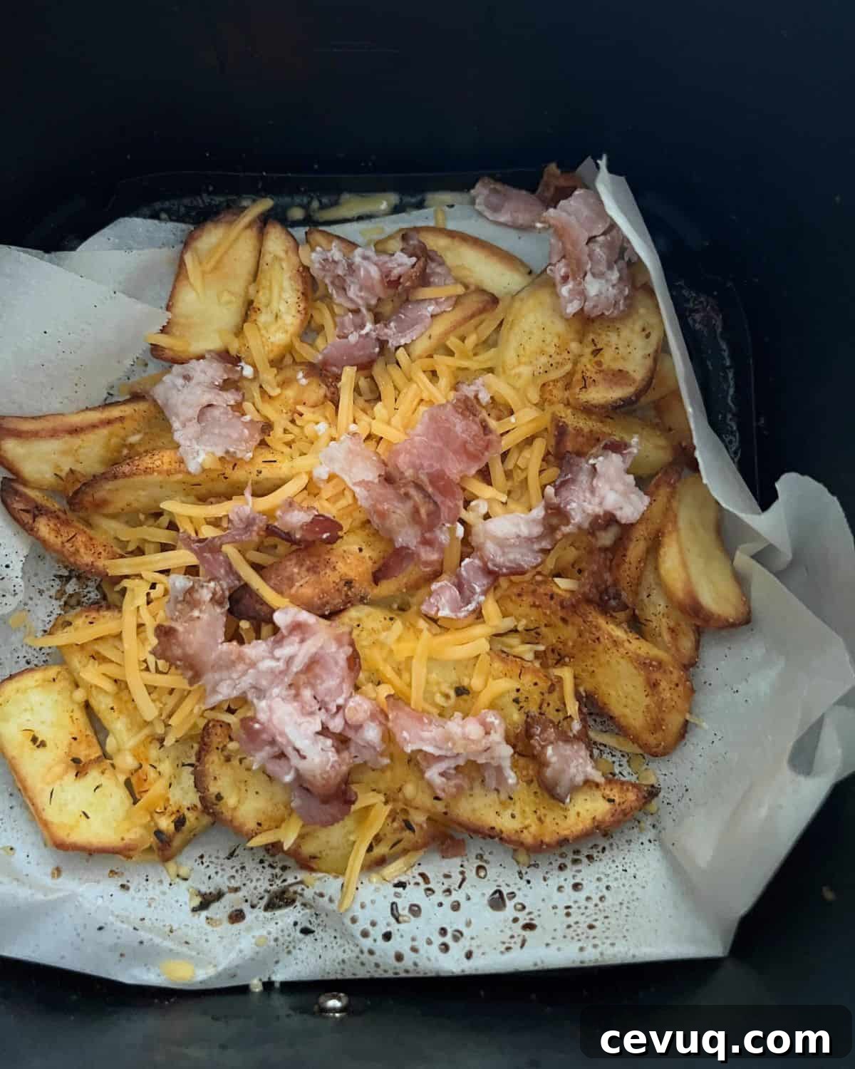 Air fryer french fries topped with cheddar and bacon.