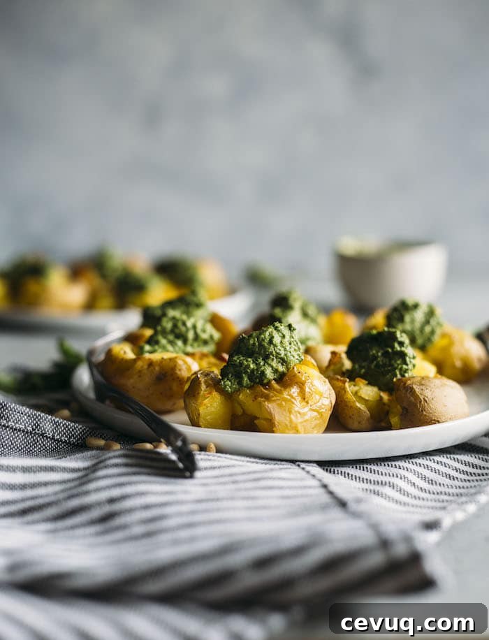 Pesto Smashed Potatoes | Crispy smashed potatoes topped with a vegan-friendly kale pesto!