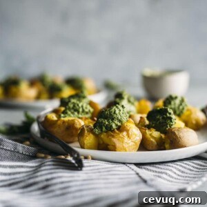 Pesto Smashed Potatoes | Crispy smashed potatoes topped with a vegan-friendly kale pesto!