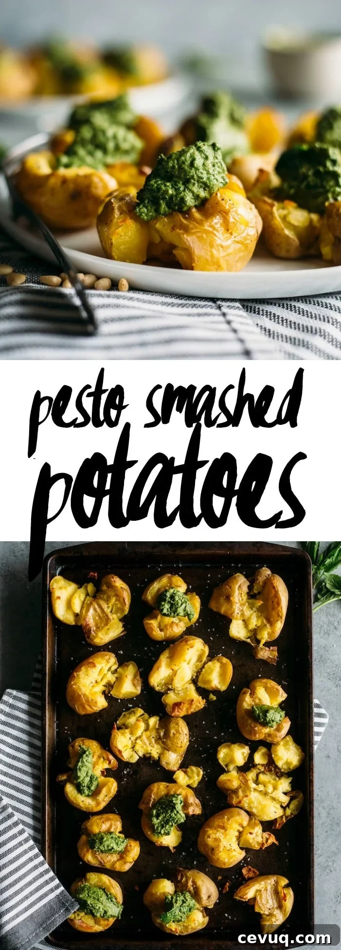 Pesto Smashed Potatoes | CRISPY smashed potatoes topped with healthy kale pesto, aka the perfect side dish | thealmondeater.com