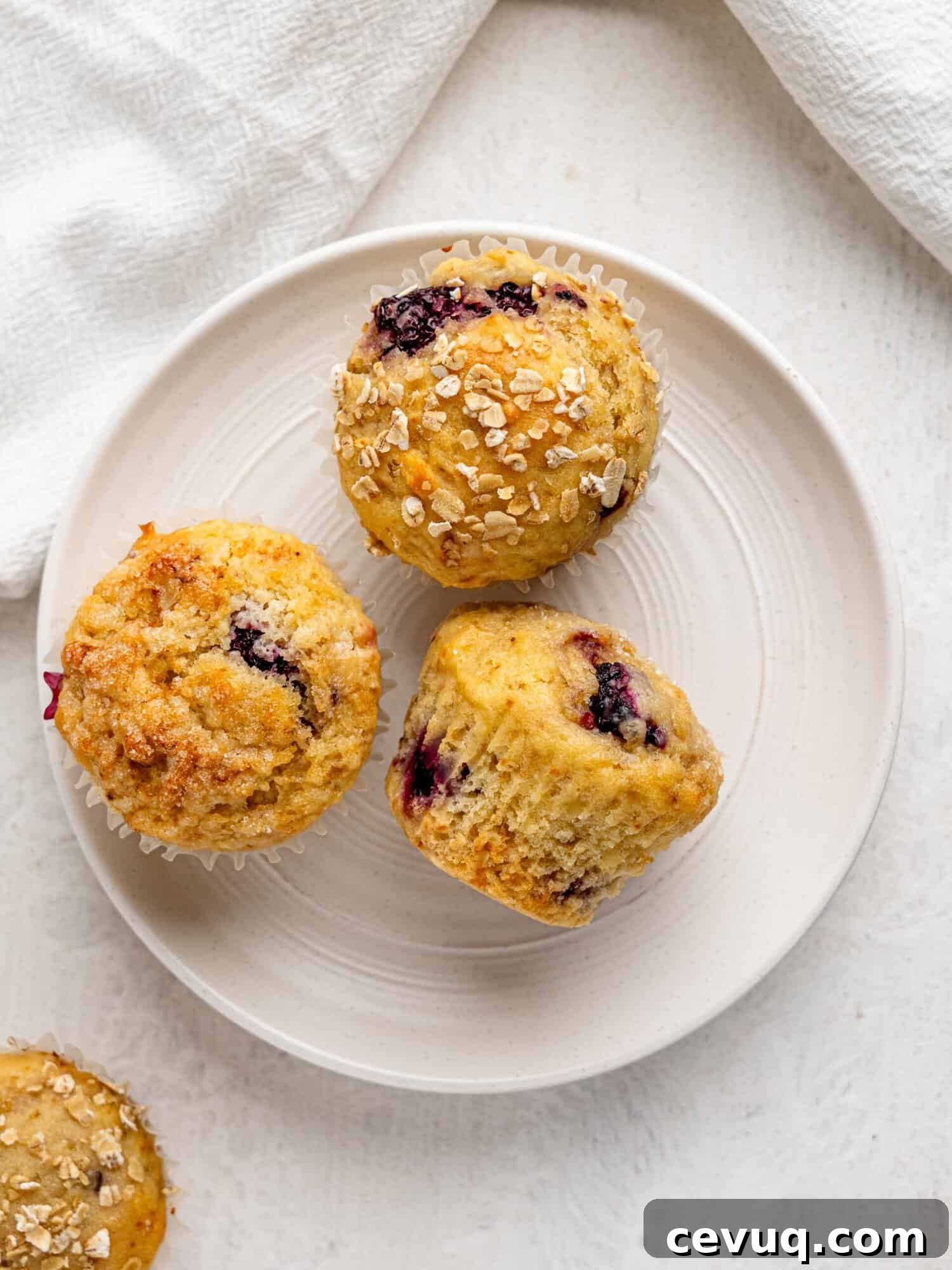 Three gliuten-free blackberry muffins on a white plate.