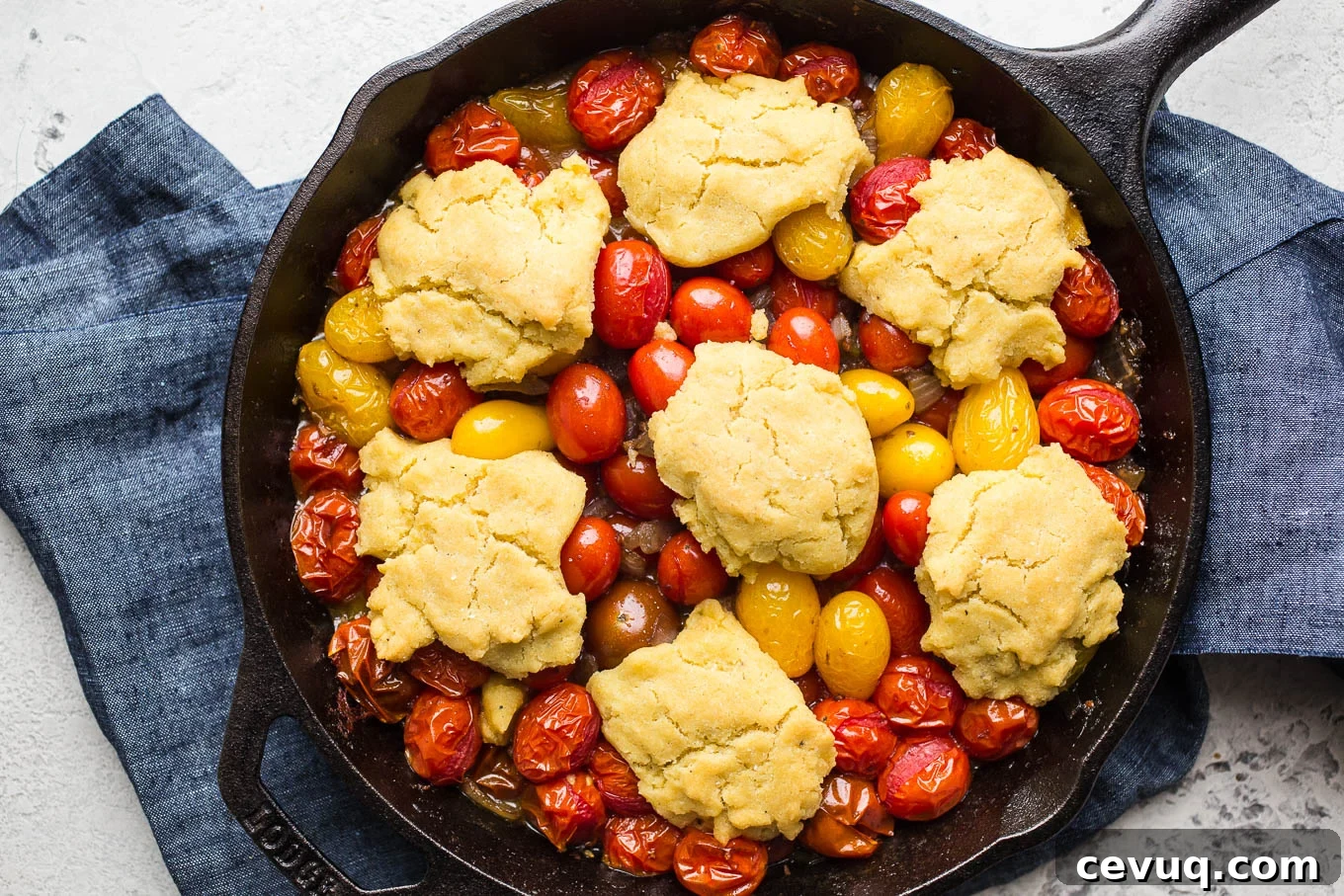 Gluten-Free Tomato Cobbler with Corn Flour Biscuits makes for savory side dish or a vegetarian main course. An easy tomato cobbler recipe that is vegan too!