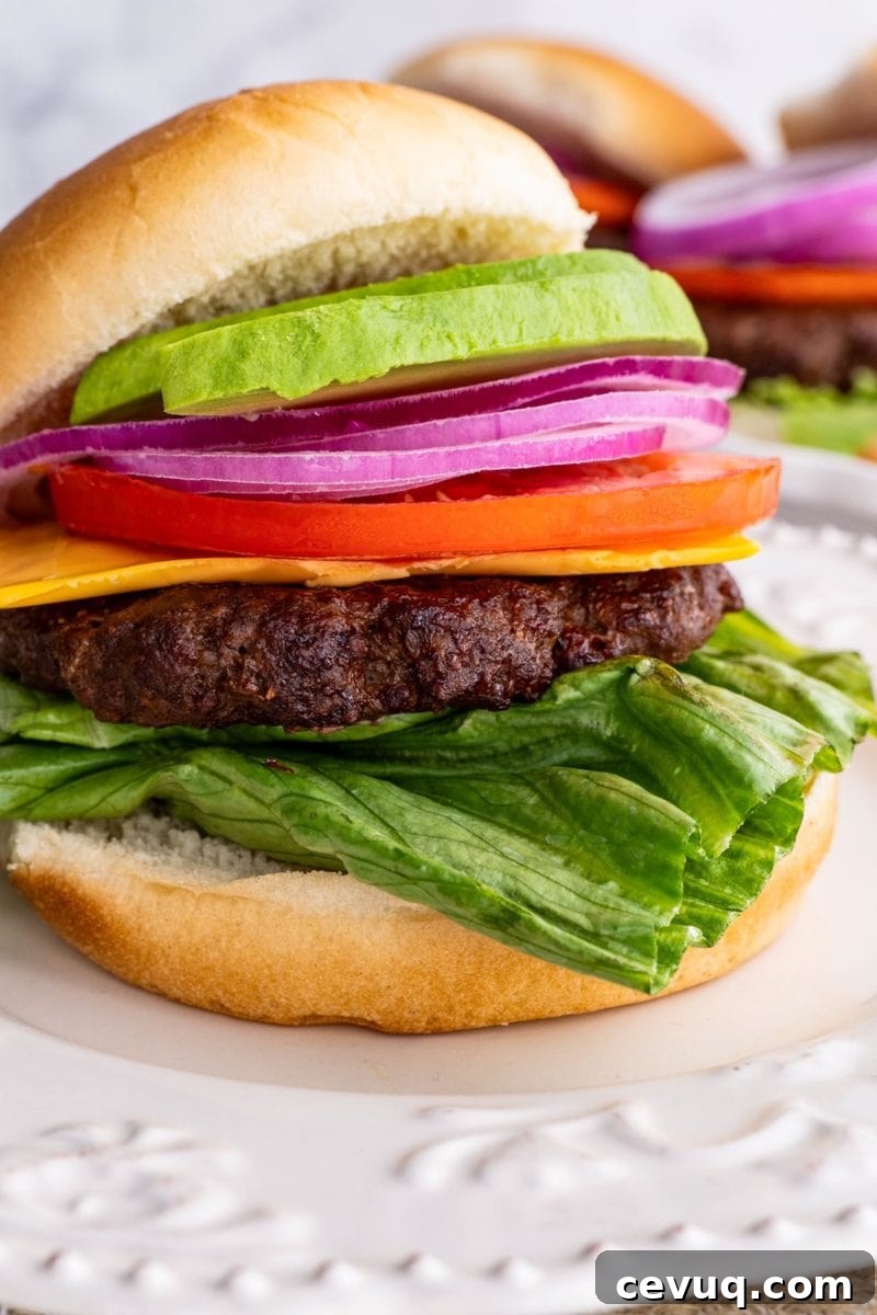 Hamburger topped with lettuce, cheese, tomato, red onion and avocado on a bun, ready to eat.