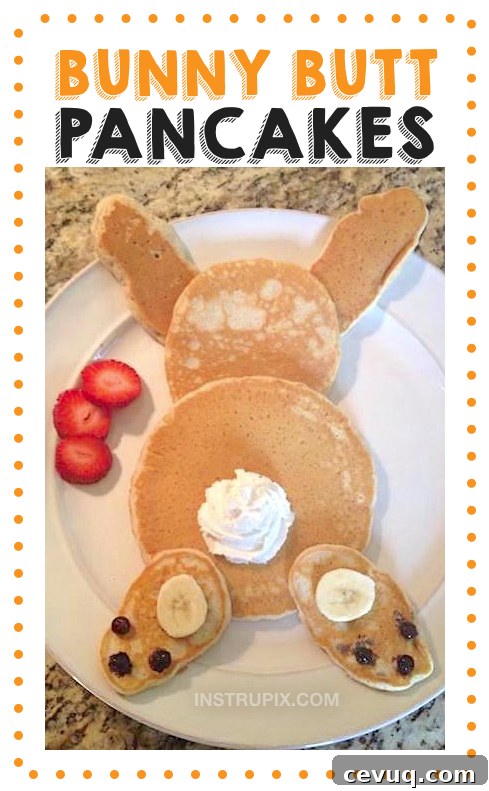 Super fun and easy food ideas for kids! Bunny Pancakes -- a cute breakfast idea for spring and Easter. These quick, easy and fun food and snack ideas for kids are perfect for picky eaters and toddlers. Adorable homemade breakfast pancakes that look like a bunny rabbit.