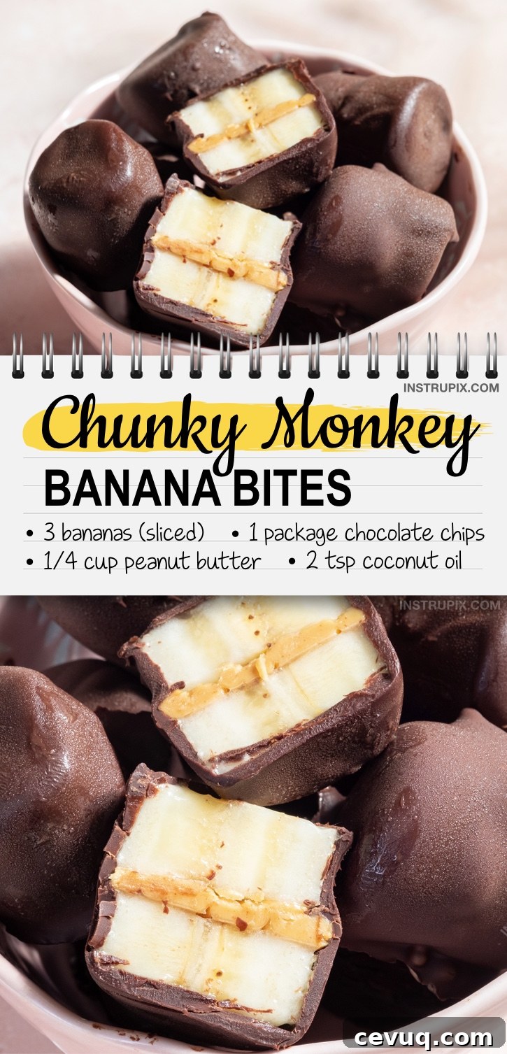 Easy and healthy kids snack and treat ideas. Chunky Monkey Banana Bites (made with bananas, chocolate and peanut butter). Freeze and enjoy! These kids snacks are perfect for hot summer days. Just 4 simple and cheap ingredients! Perfect for picky eaters and kids of all ages! #kidssnacks #funfood #chocolate #peanutbutter #healthysnacks 