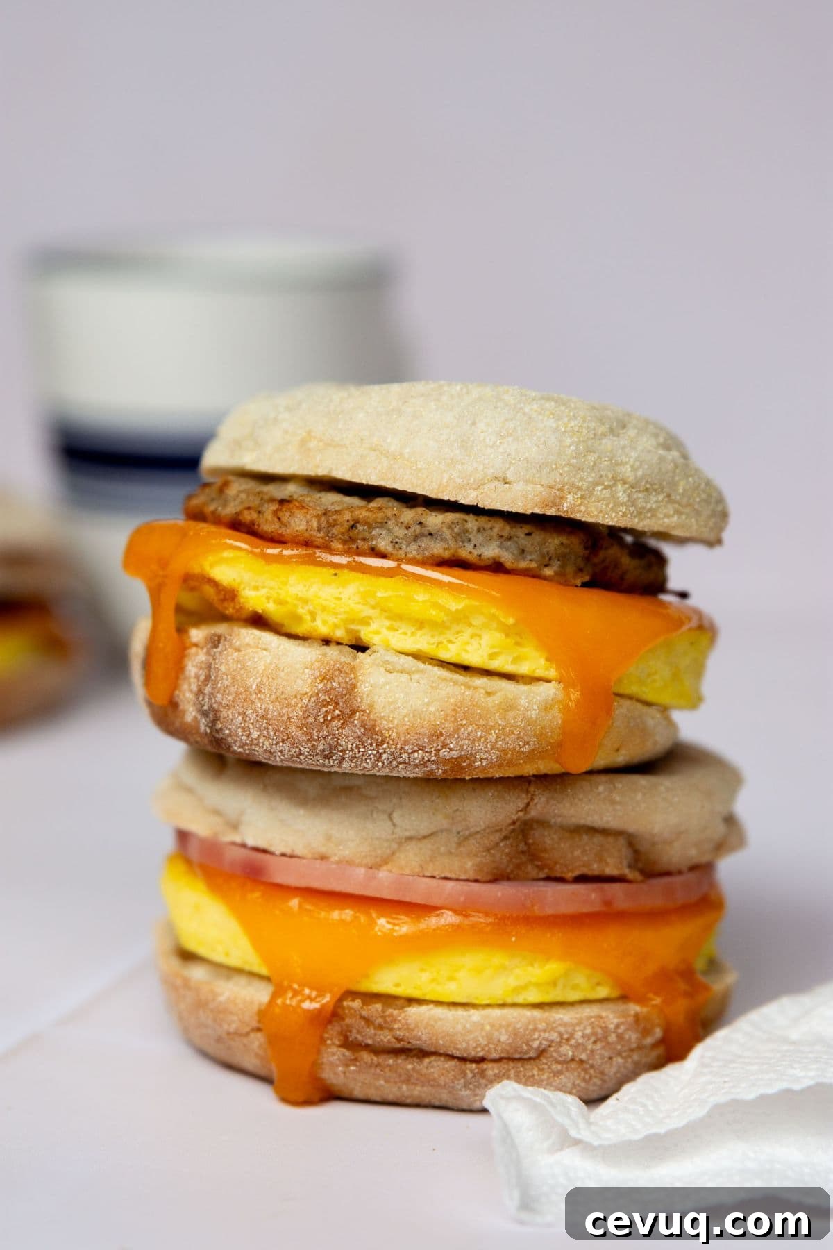 High-protein freezer breakfast sandwich with fluffy eggs, cheddar cheese, and sausage on an English muffin.