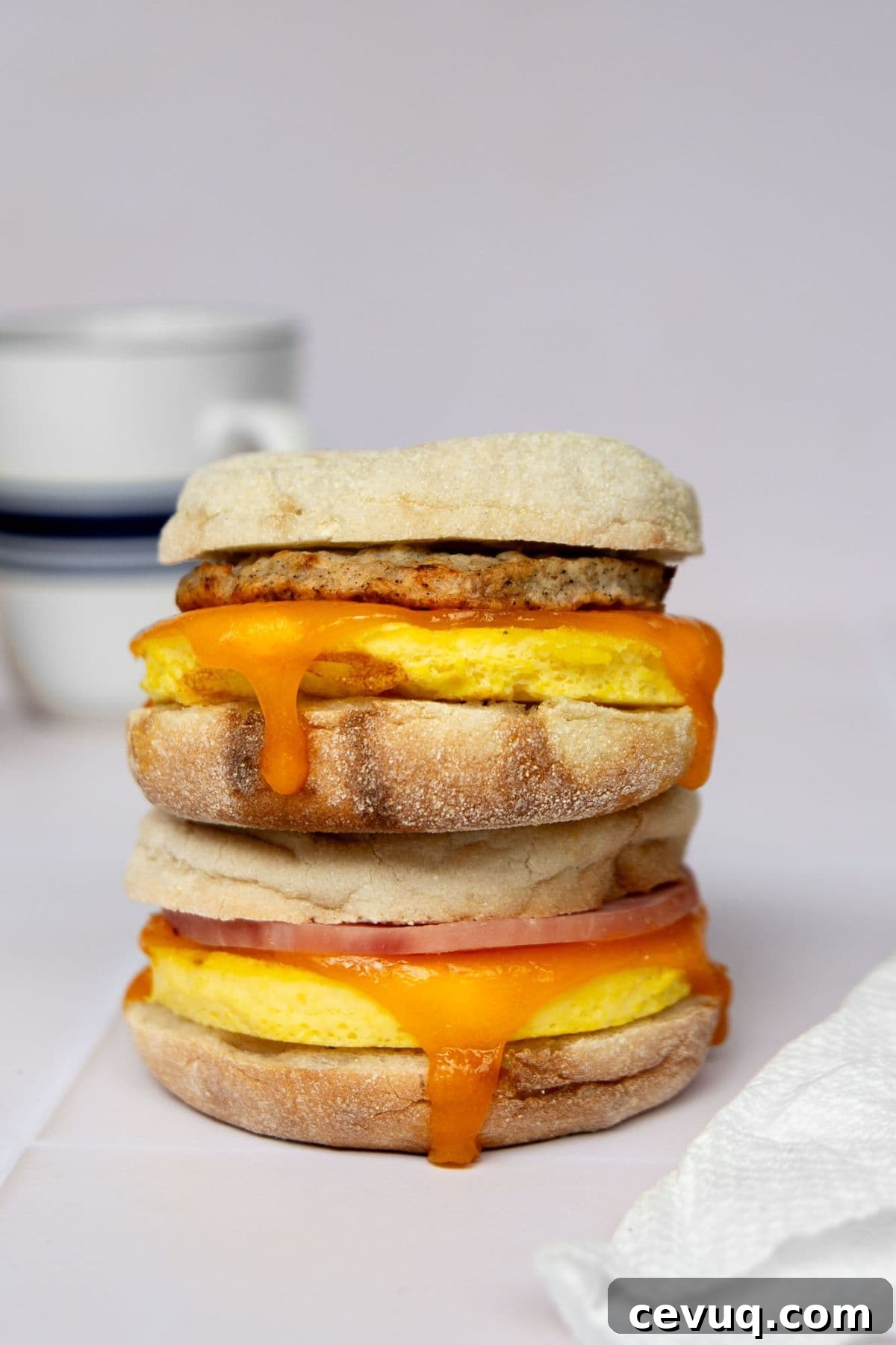 High-protein breakfast sandwich with egg, cheddar cheese, and chicken sausage on an English muffin.