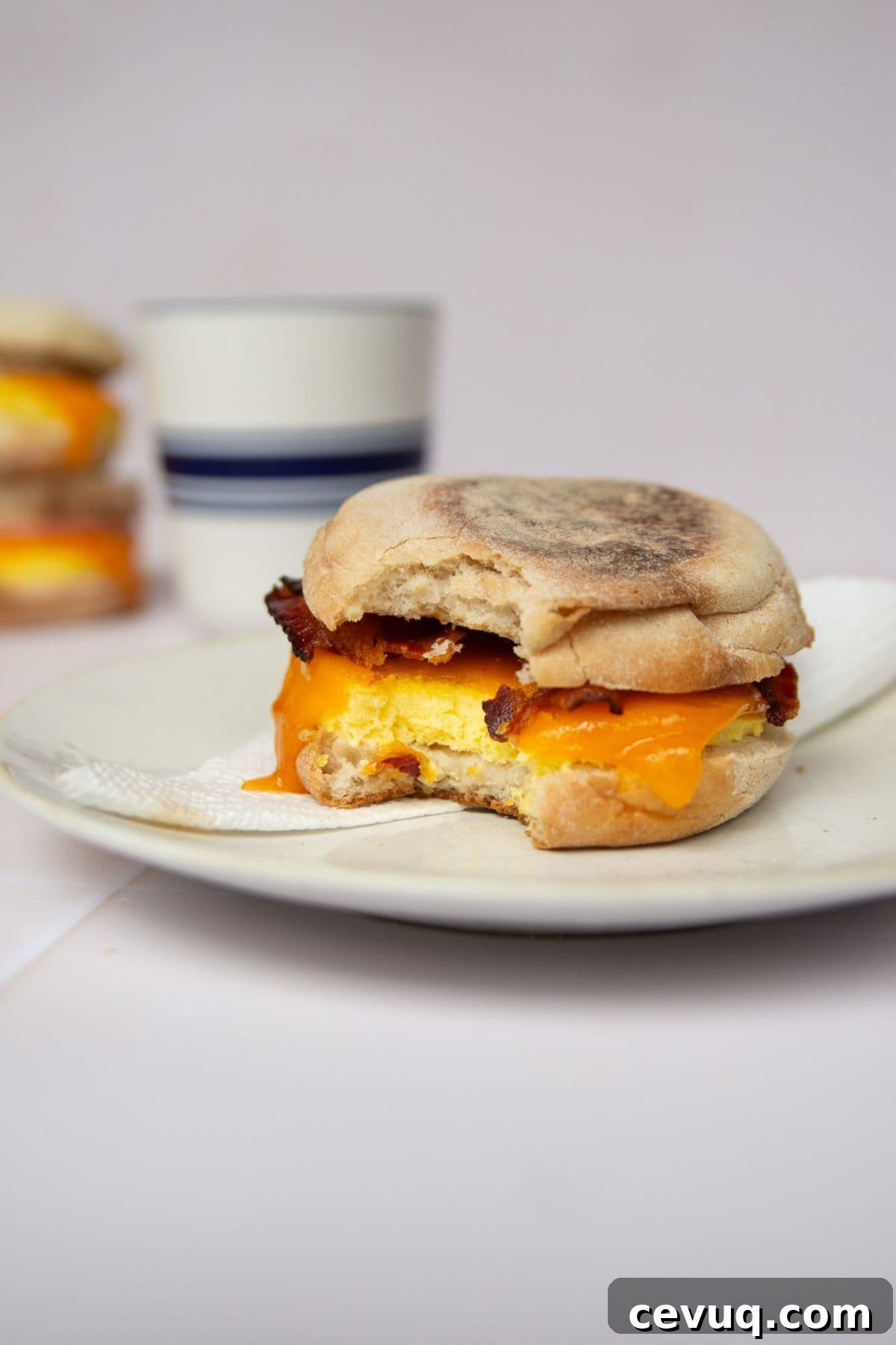 Bit shot of a high-protein freezer breakfast sandwich with fluffy, soft cottage cheese eggs, melted cheese, and turkey bacon on an English muffin.