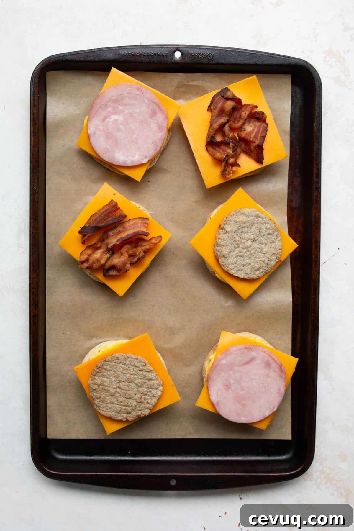 Breakfast sandwiches with egg, cheddar cheese, and sausage, Canadian bacon, or bacon before topping with muffins.