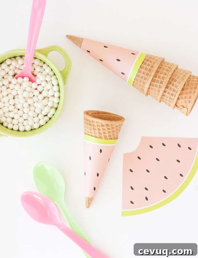 Free Printable Watermelon Icecream Cone Wrappers. Perfect for summer or fruit-themed parties!