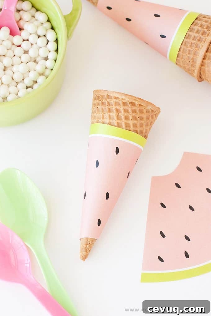 Free Printable Watermelon Icecream Cone Wrappers - Perfect addition to any summer or fruit-themed parties!