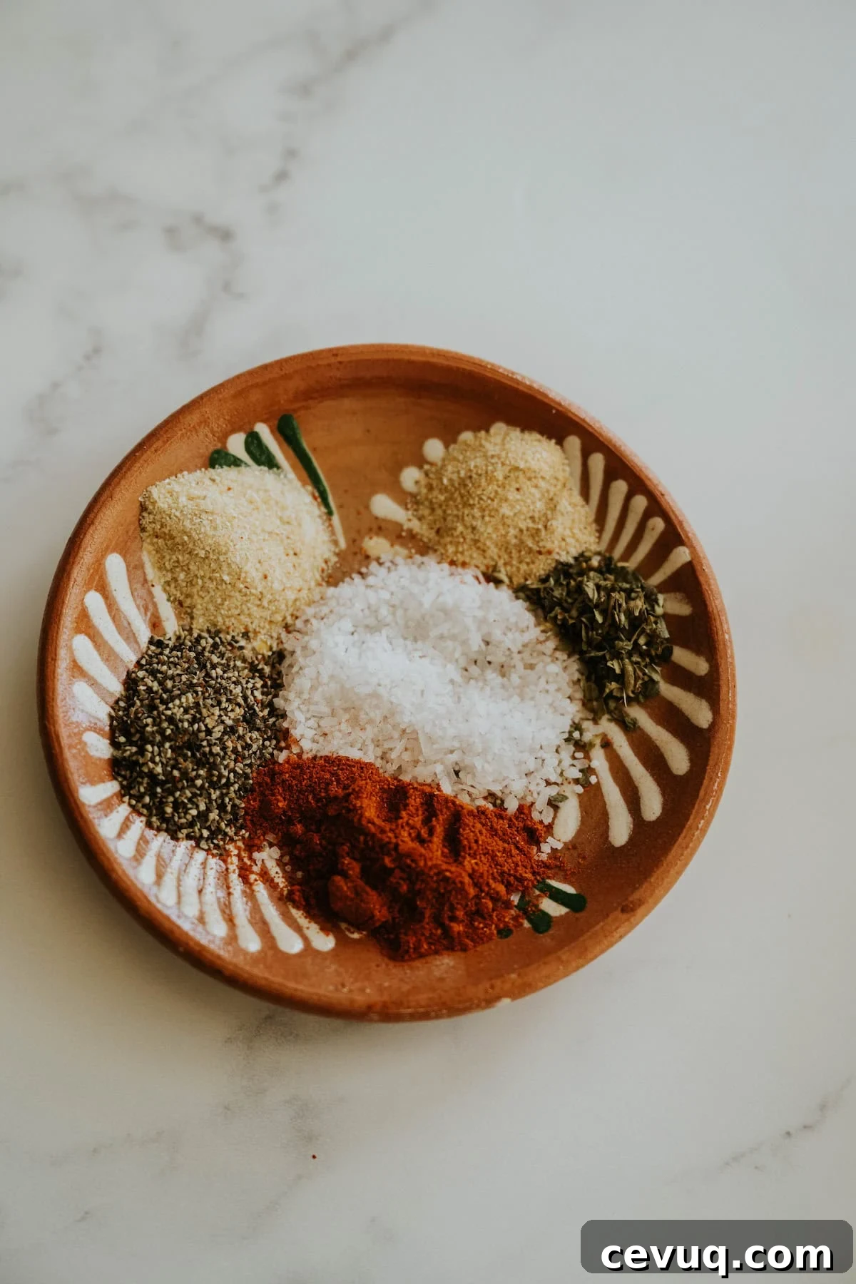 A clay plate with piles of ground spices including garlic powder, onion powder, salt, pepper, and chile powder.