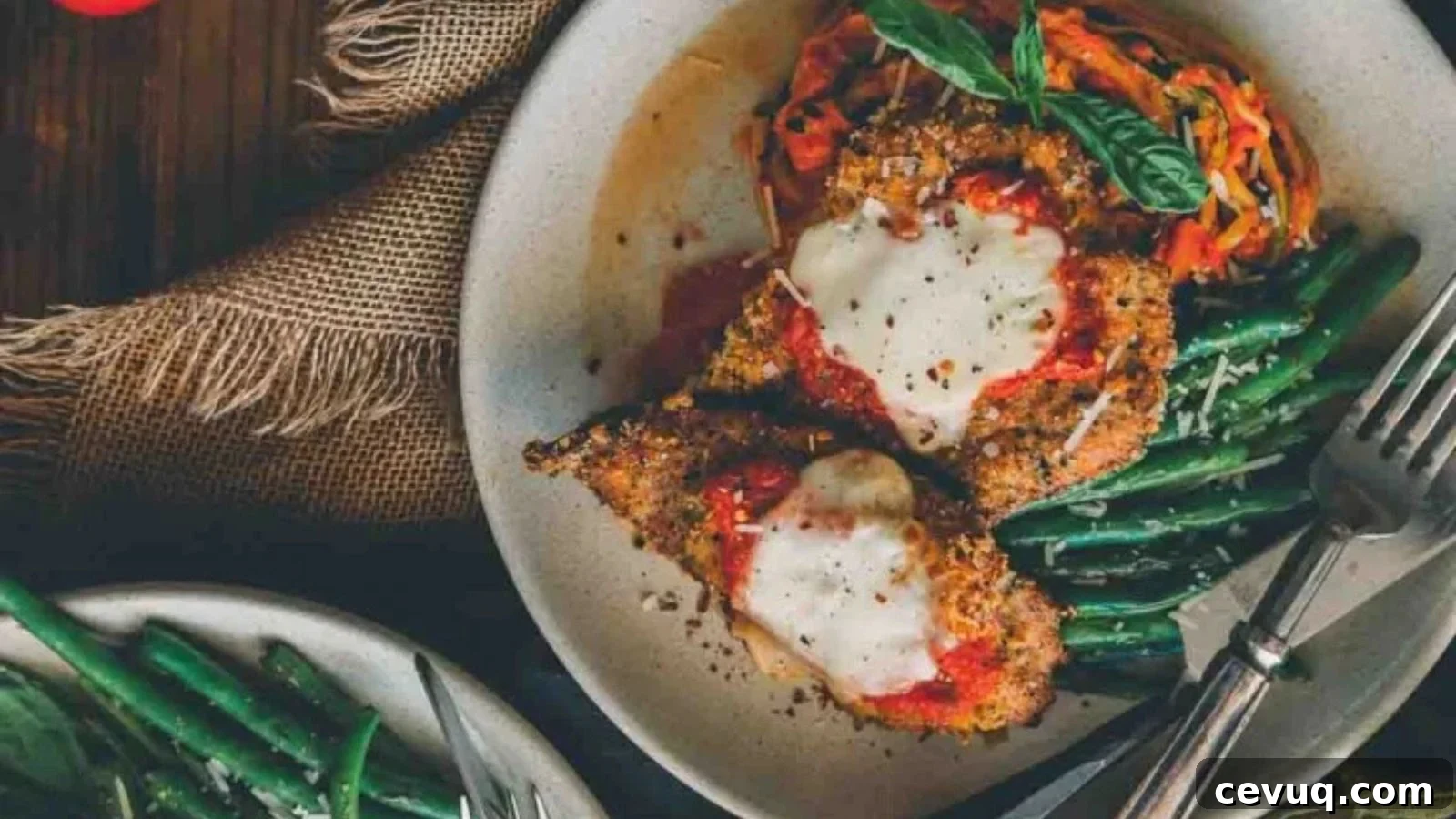 Air fryer veal Parmesan golden and topped with melted cheese and sauce.