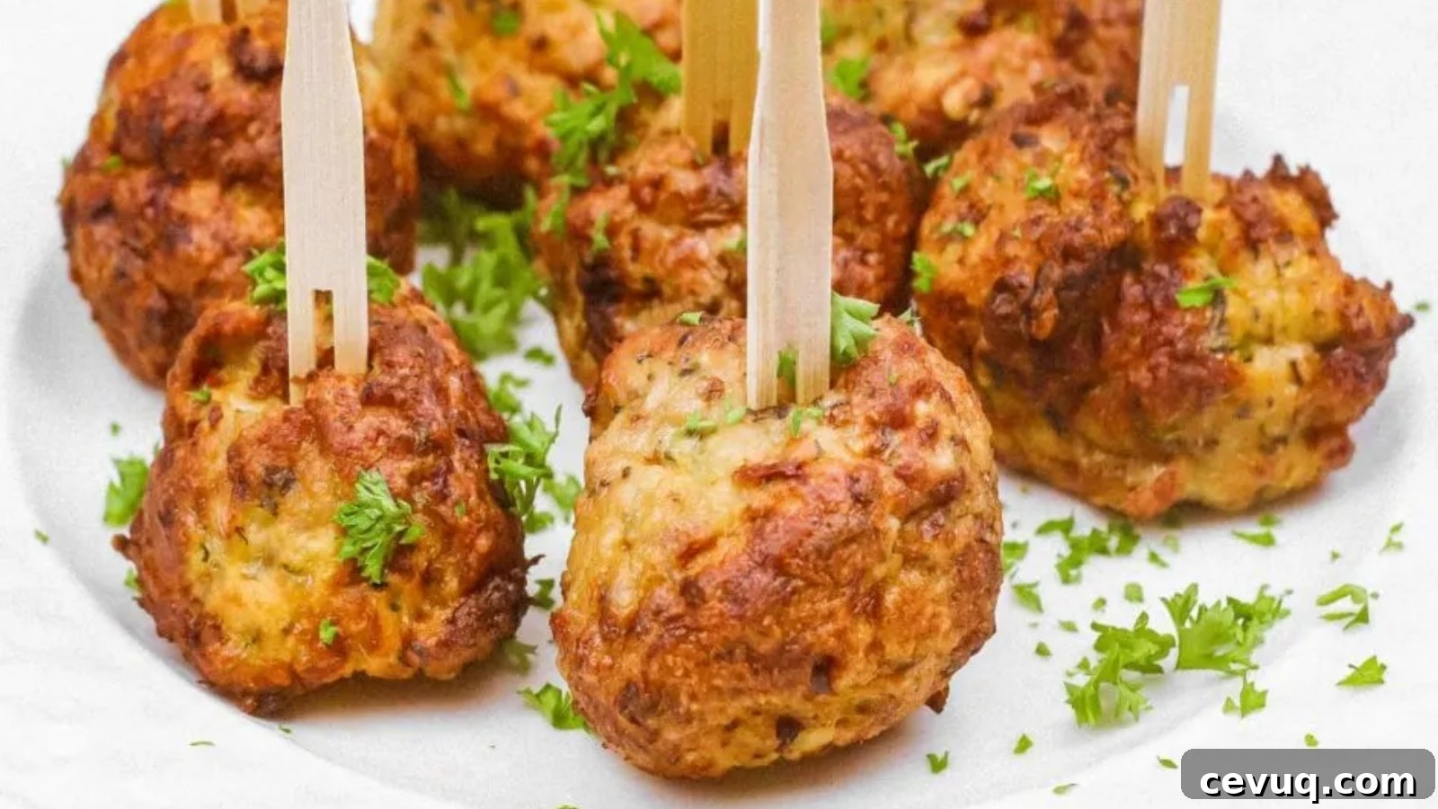 A white plate with several air-fried chicken meatballs garnished with parsley and wooden picks.
