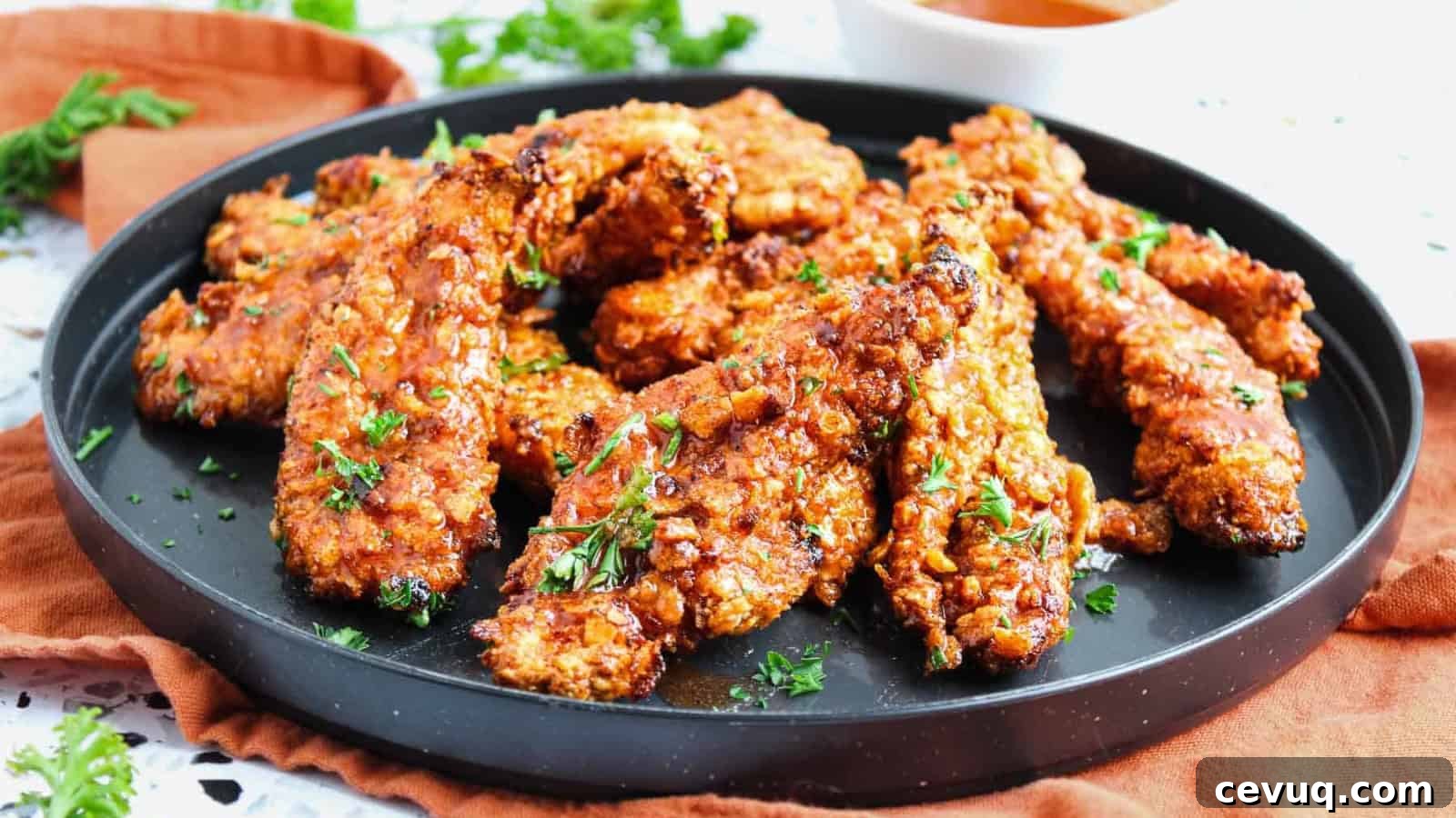 A black plate holding several pieces of golden-brown, crispy fried chicken tenders garnished with chopped parsley, set on a rust-colored cloth with sauce and herbs visible in the background.