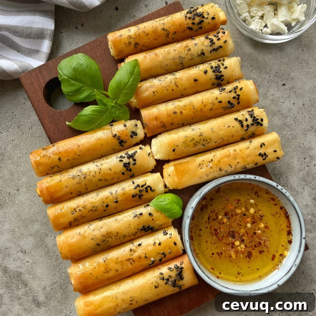 Golden, crispy Phyllo Feta Fries rolled and topped with black sesame seeds are arranged on a wooden board with basil leaves. A small bowl of seasoned honey and a bowl of crumbled cheese are nearby.