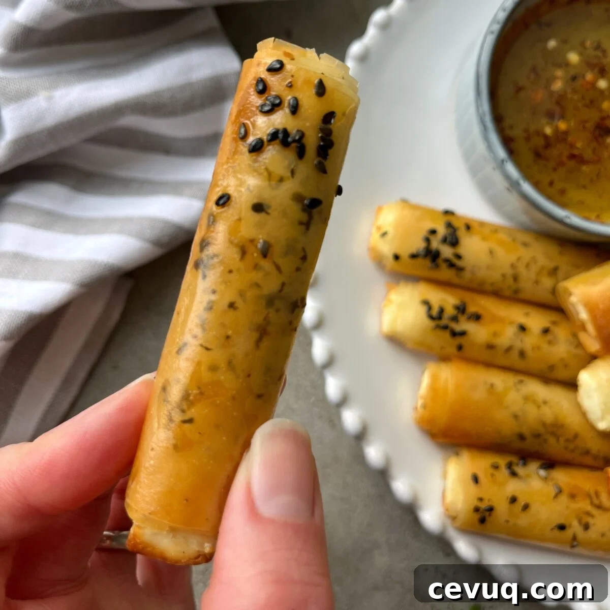 A hand holds a crispy, sesame-topped phyllo fry roll near a plate of similar rolls and a bowl of dipping sauce.