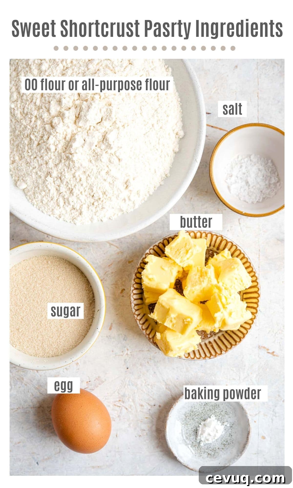An overhead shot of all the ingredients needed to make sweet shortcrust pastry