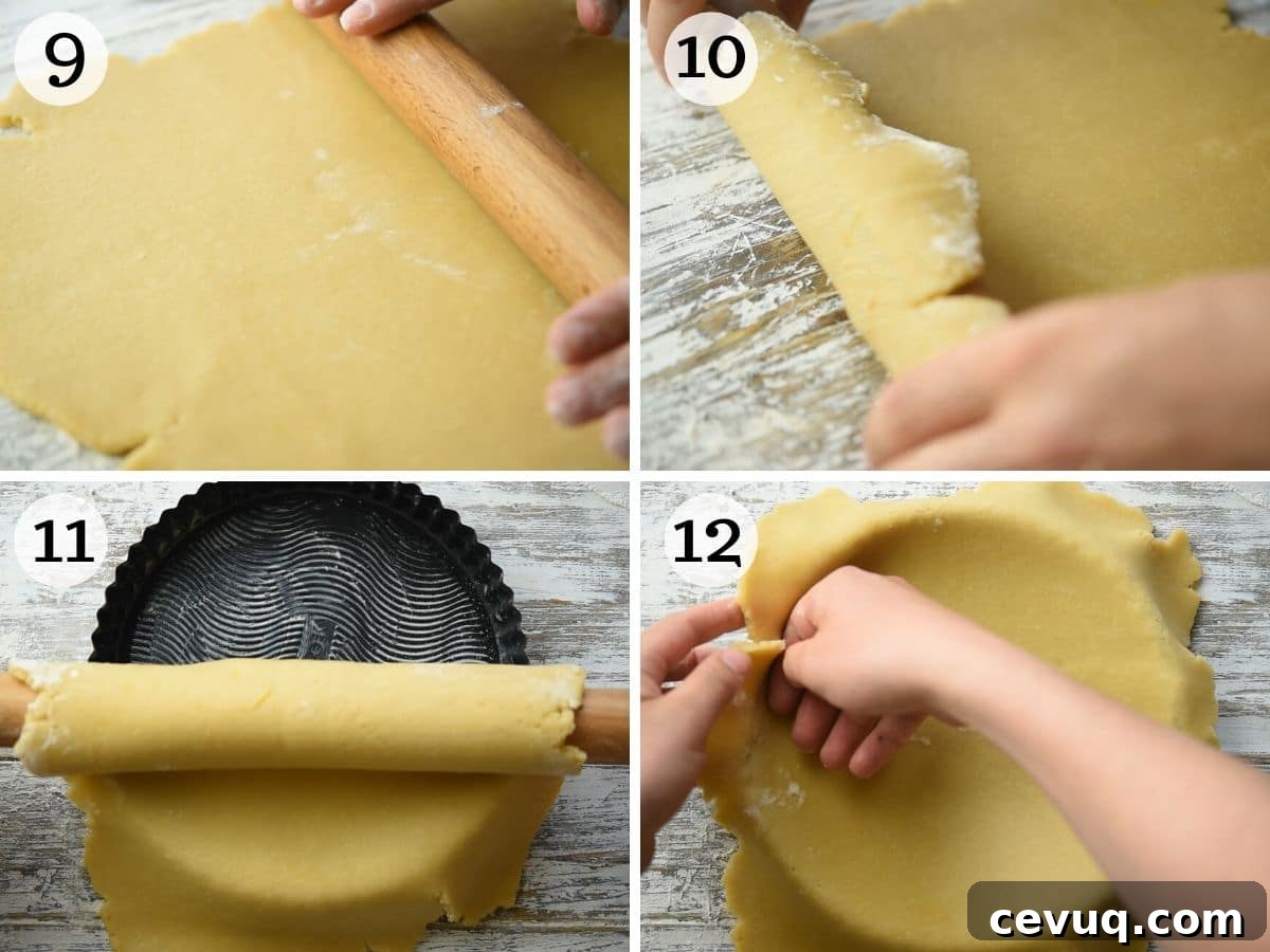 Step by step photos showing how to roll out shortcrust pastry and make a tart