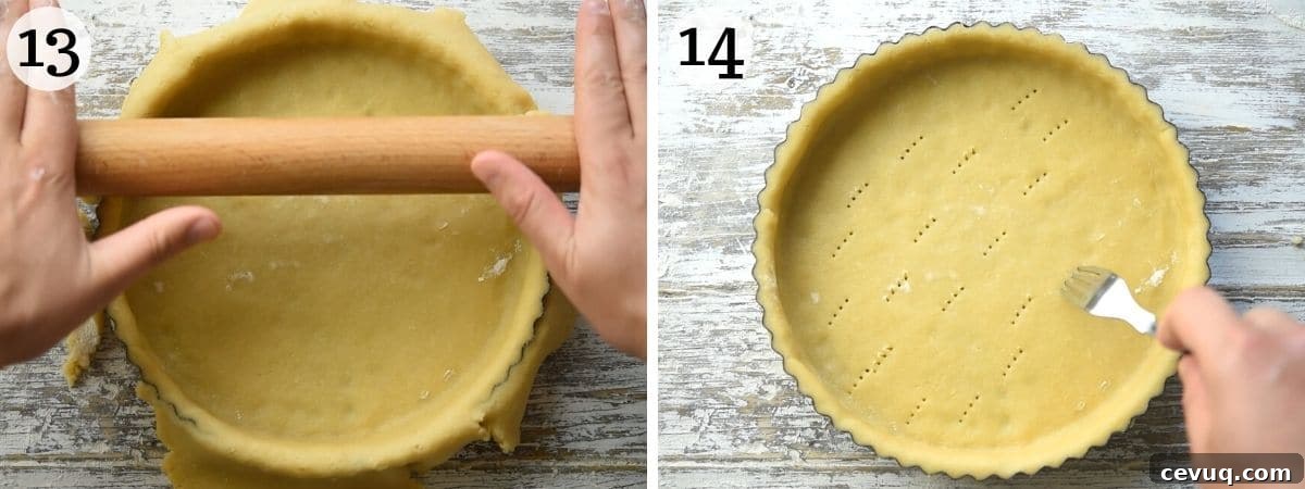 Two photos showing how to trim pastry and prick the base to make a tart