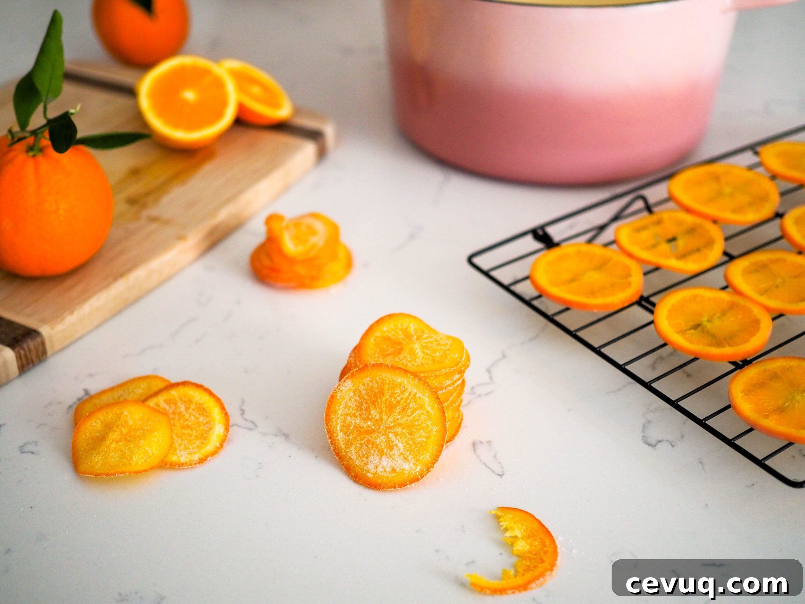 A stack of candied orange slices, with one missing a bite.