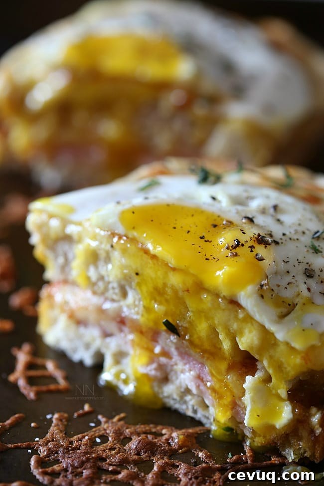 This croque madame is the perfect combination of bechamel cheese sauce, Canadian bacon and Swiss cheese stuffed between two slices of crusty bread and topped with a fried egg. Perfect for breakfast or dinner. Croque Madame cut in half to show runny egg.