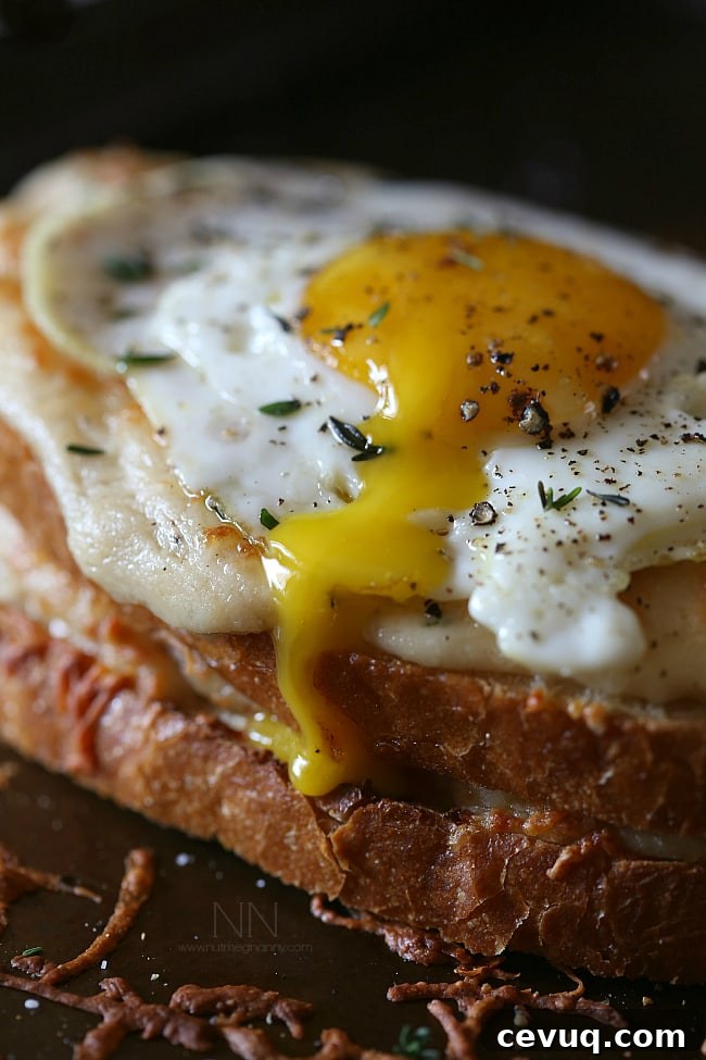 This croque madame is the perfect combination of bechamel cheese sauce, Canadian bacon and Swiss cheese stuffed between two slices of crusty bread and topped with a fried egg. Perfect for breakfast or dinner. Croque Madame topped with a runny egg.