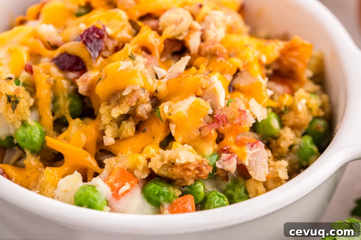 Turkey stuffing casserole with cranberry in white bowl.