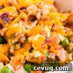 Leftover turkey casserole in a white bowl.
