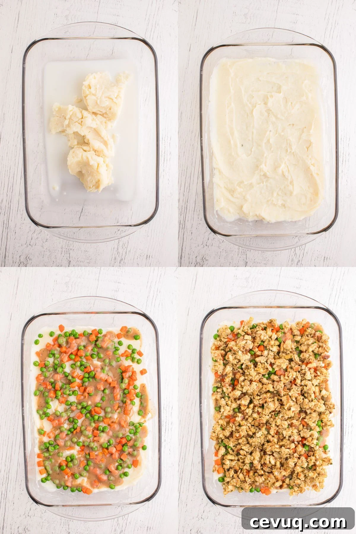 Step by step images for how to make turkey casserole with leftover turkey and stuffing.
