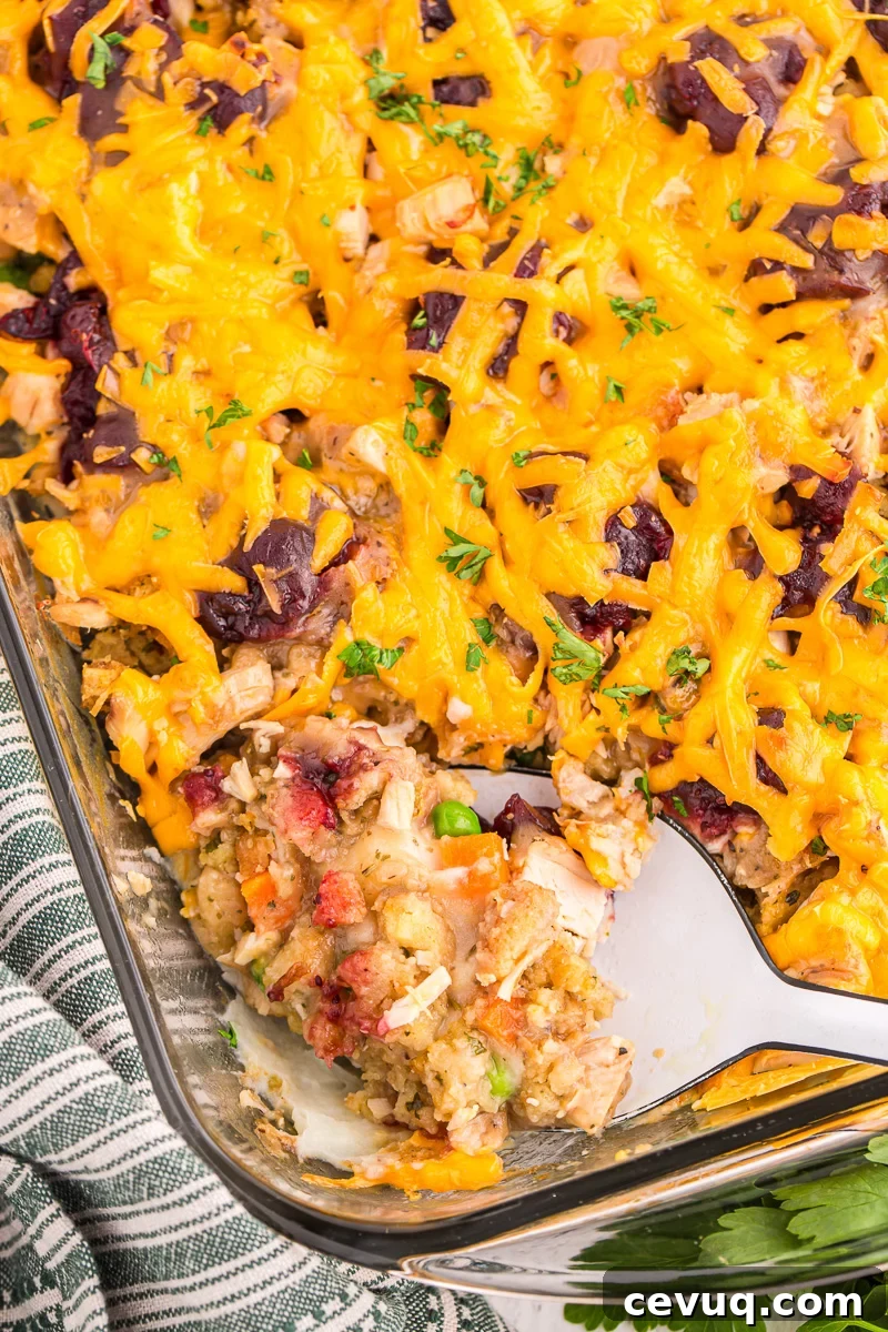 Scoop removed from turkey casserole in baking dish.