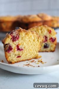 inside of a cranberry orange muffin on a white plate.