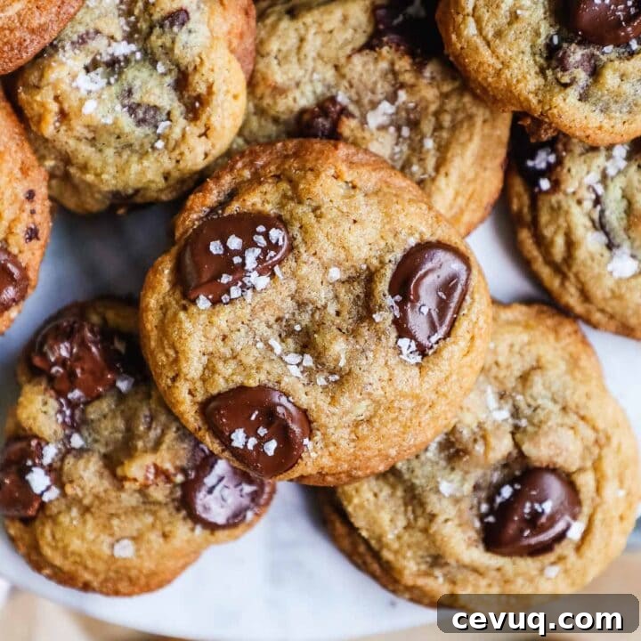Crispy chewy chocolate chip walnut cookies stacked on a marble cake stand.