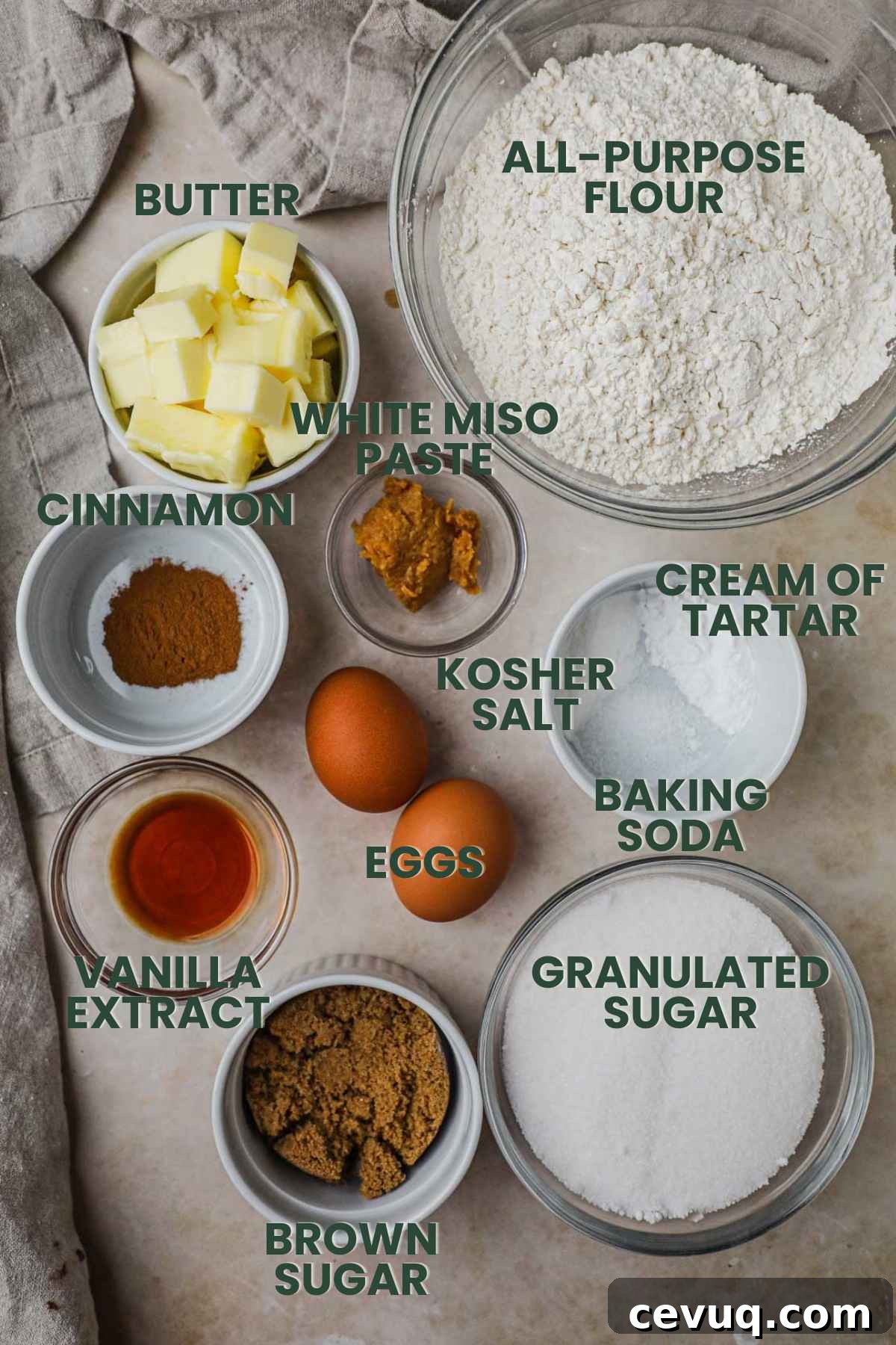 Ingredients miso brown butter snickerdoodles, flour, butter, white miso, cream of tartar, eggs, brown sugar, vanilla, sugar, baking soda.