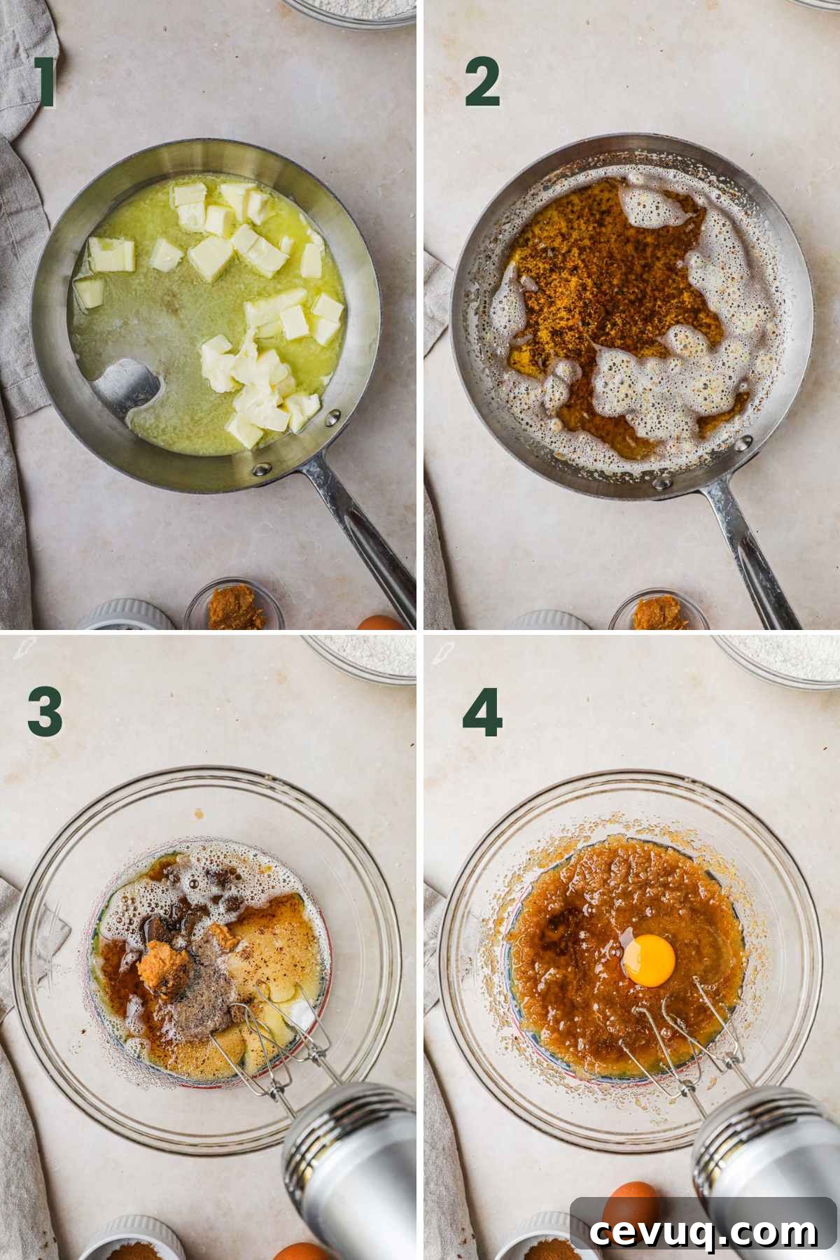 Steps to make miso snickerdoodles, melt and brown butter in a pan, then mix in brown sugar, sugar, miso paste, vanilla, and eggs.