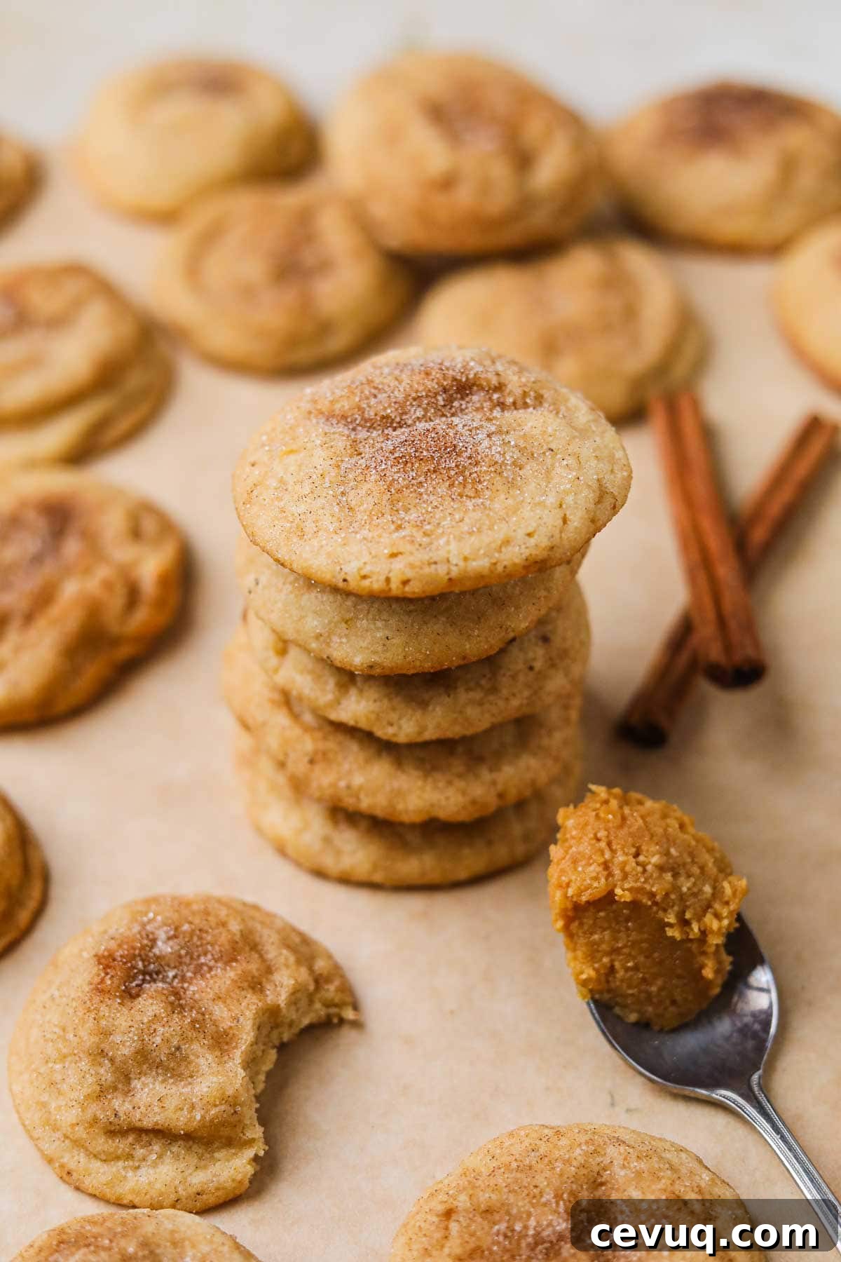 A stack of miso brown butter snickerdoodles with cinnamon sticks and a scoop of miso.