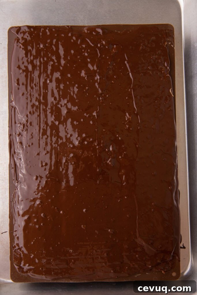 final layer of melted chocolate covering the other ingredients in the mold