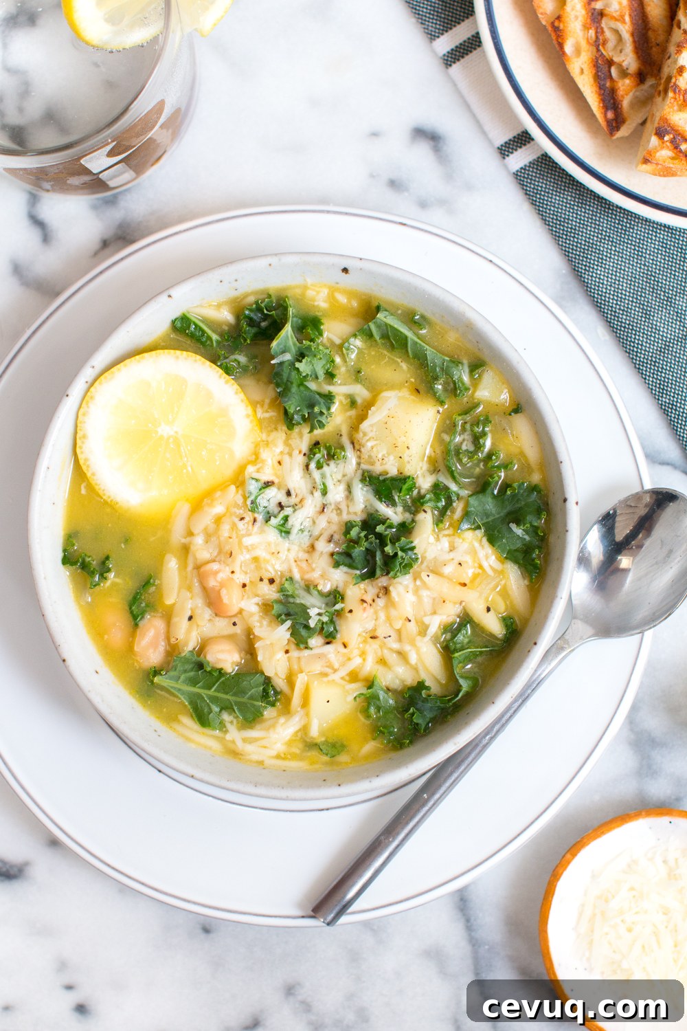 a healing bowl of sunshine, Lemony Soup with White Beans, Kale & Orzo
