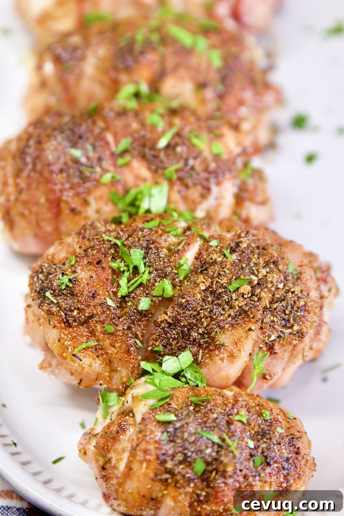 Closeup of bacon wrapped chicken.