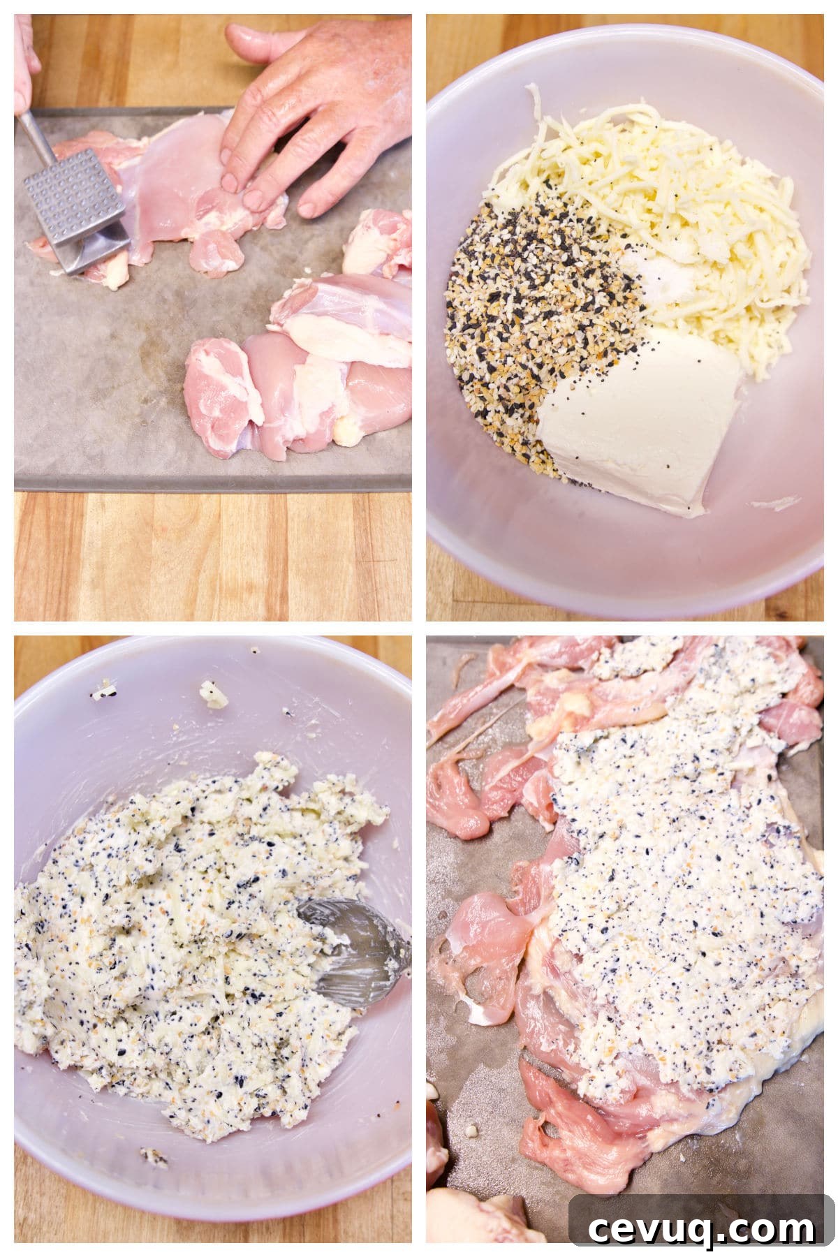 Collage pounding chicken thighs flat, mixing cream cheese with mozzarella, spreading onto chicken.