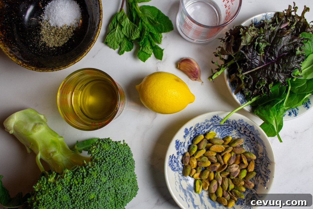 Creamy Broccoli Pesto Recipe for Pasta, Sandwiches & Dips 4 broccoli, salt, pepper, olive oil, mint, lemon, pistachios, garlic, water, kale, and spinach