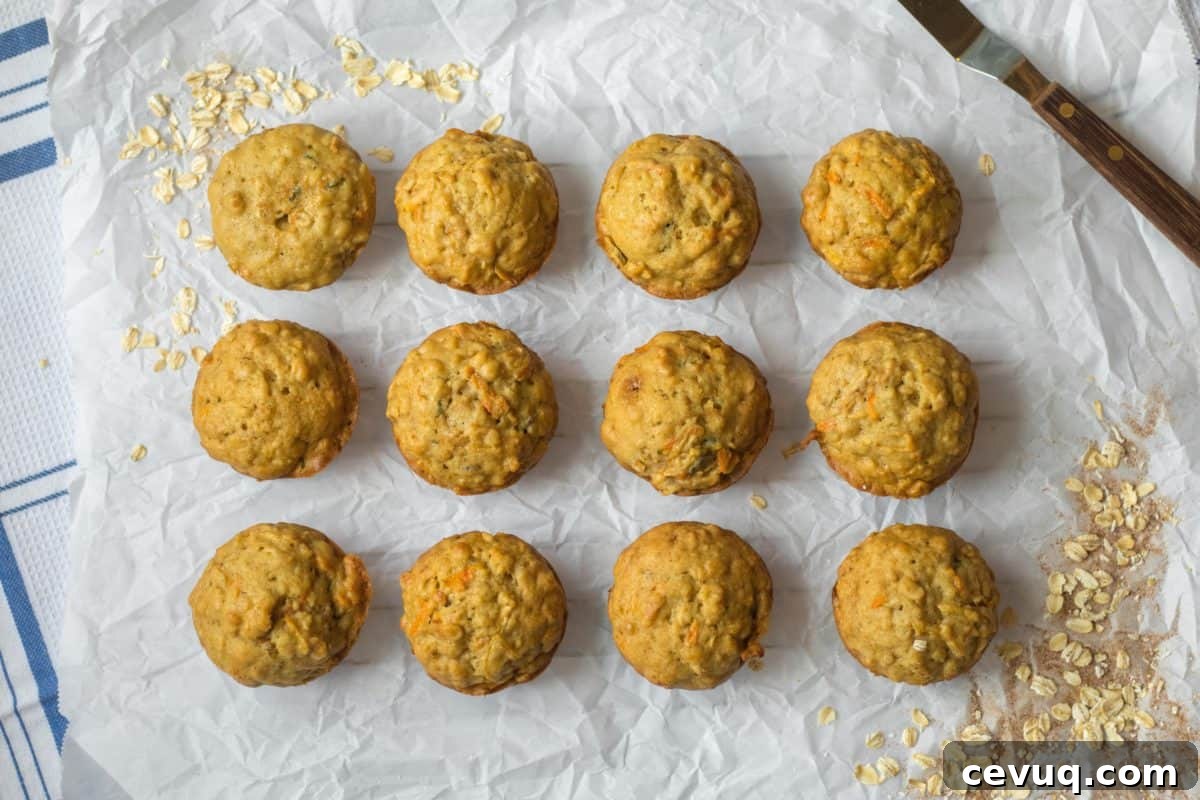 one dozen apple cinnamon oatmeal breakfast muffins on parchment paper with rolled oats and cinnamon