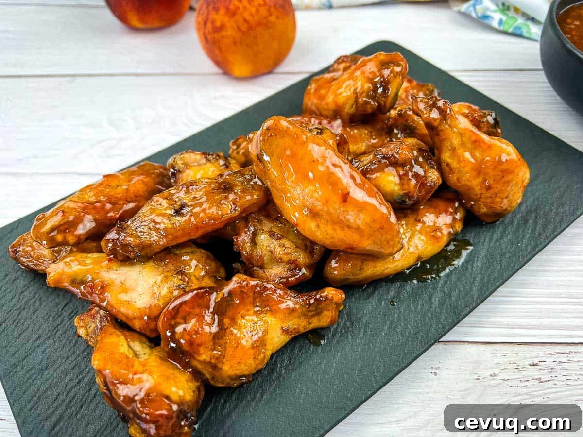 Smoked and glazed peach-chipotle chicken wings on a black plate.